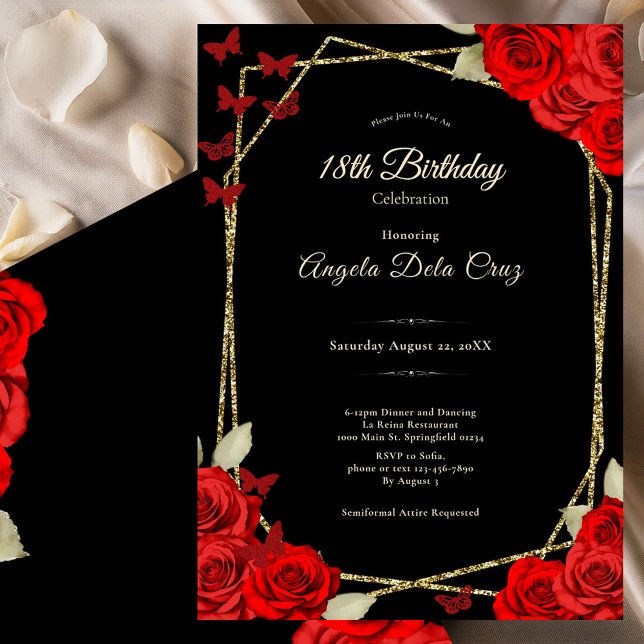 Convites Elegant Black Gold Red Roses 18th Birthday Debut (Criador carregado)