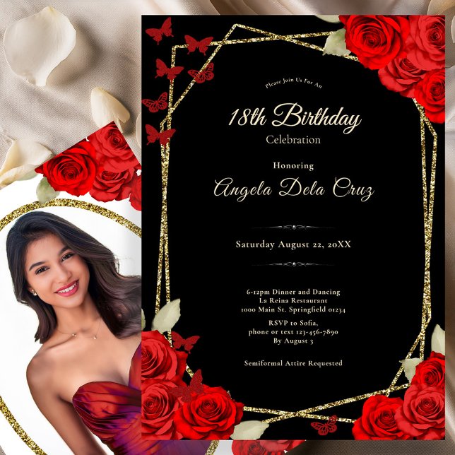 Convites Elegant Black Gold Red Roses 18th Birthday Debut (Criador carregado)
