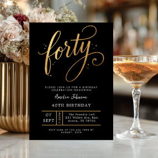 Convites Elegant Black & Gold Script Forty 40th Birthday
