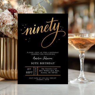 Convites Elegant Black & Gold Script Ninety 90th Birthday