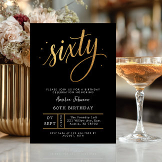 Convites Elegant Black & Gold Script Sixty 60th Birthday 