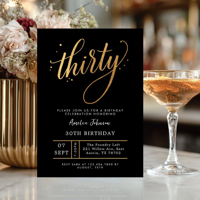 Convites Elegant Black & Gold Script Thirty 30th Birthday (Criador carregado)