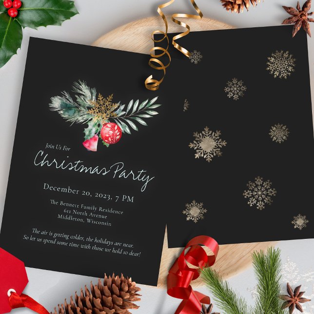 Convites Elegant Black Gold Snowflake Christmas Party (Criador carregado)