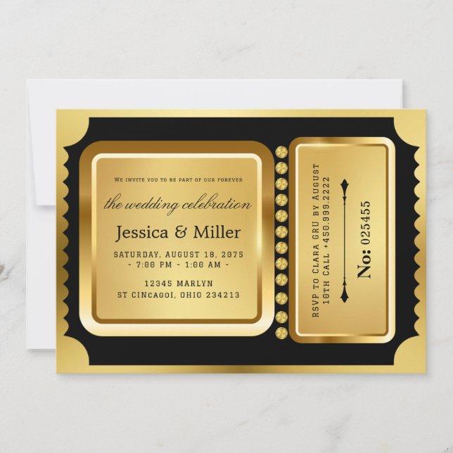 Convites Elegant Black & Gold Ticket Wedding Invitation (Frente)
