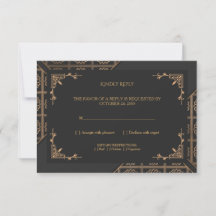 Elegant Black Gold Victorian Wedding RSVP Card
