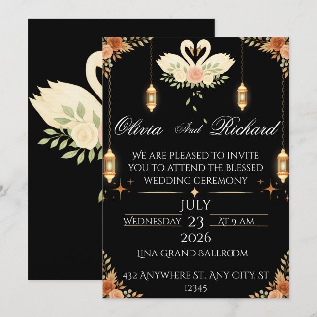 Convites Elegant Black & Gold Wedding Invitation Template (Frente/Verso)