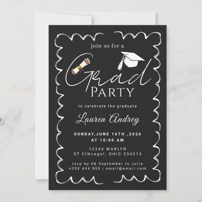 Convites Elegant Black Graduation Party Invitation (Frente)