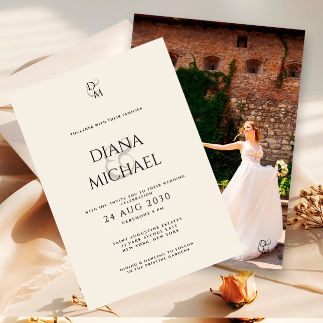 Convites Elegant Black & Ivory Monogram Wedding Photo (Criador carregado)