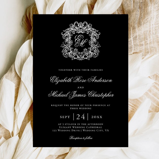 Convites Elegant Black Monogram Wedding Crest (Criador carregado)