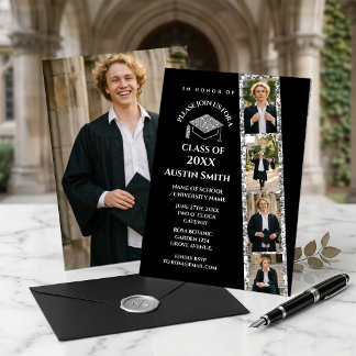 Convites Elegant Black Photo Strip Graduation with Glitter