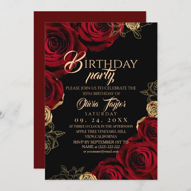 Convites Elegant Black Red Rose Birthday Party (Frente/Verso)
