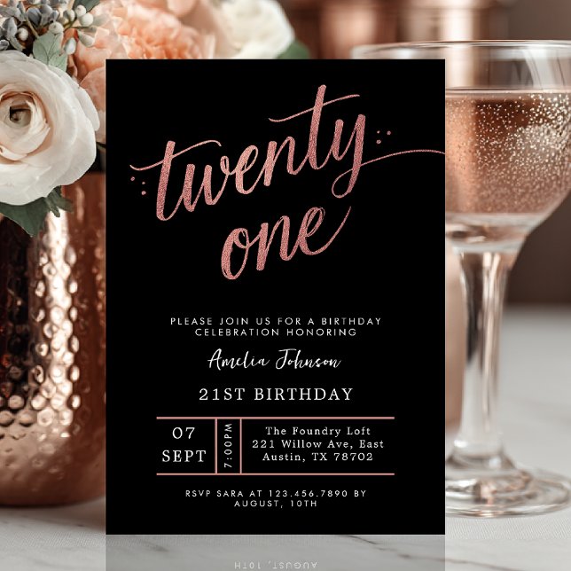 Convites Elegant Black & Rose Gold Script 21st Birthday (rose gold twenty one birthday invite)