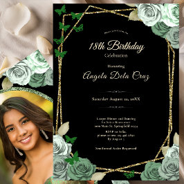 Convites Elegant Black Sage Green Rose 18th Birthday Debut 