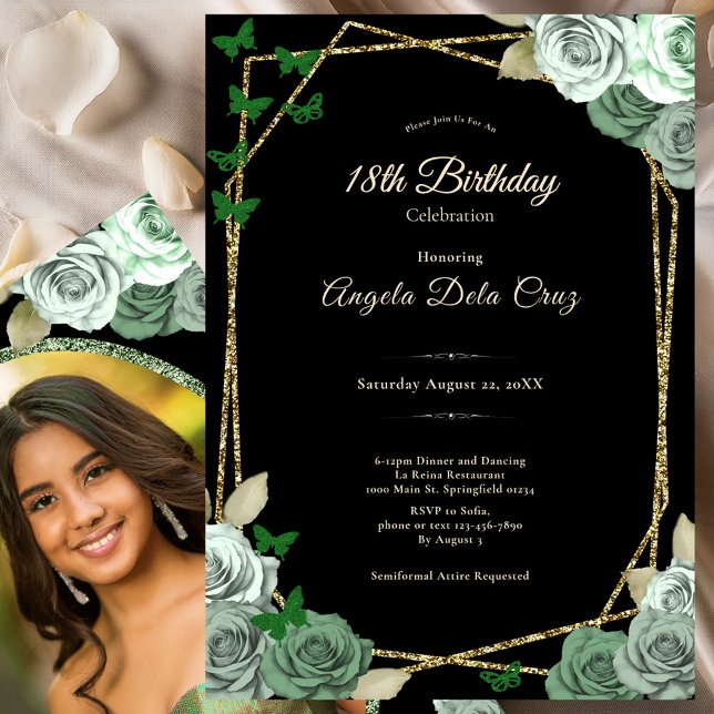 Convites Elegant Black Sage Green Rose 18th Birthday Debut  (Criador carregado)