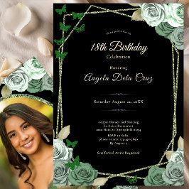 Convites Elegant Black Sage Green Rose 18th Birthday Debut 