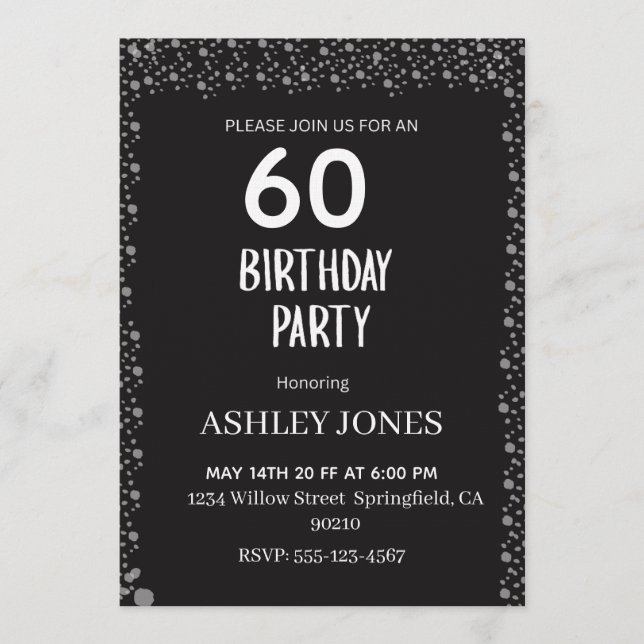 Convites Elegant Black Script Silver Birthday Invitation (Frente)