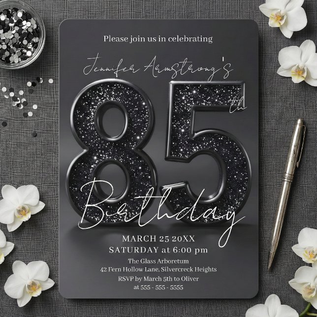 Convites Elegant Black Silver Glitter 85th Birthday Party (Criador carregado)