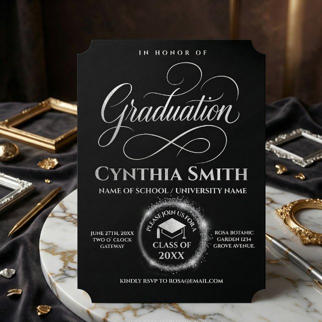 Convites Elegant Black & silver Graduation  (#graduationcalligraphy #roundsilver #silvergraduation #blackandwhite #luxurygraduationinvitation)