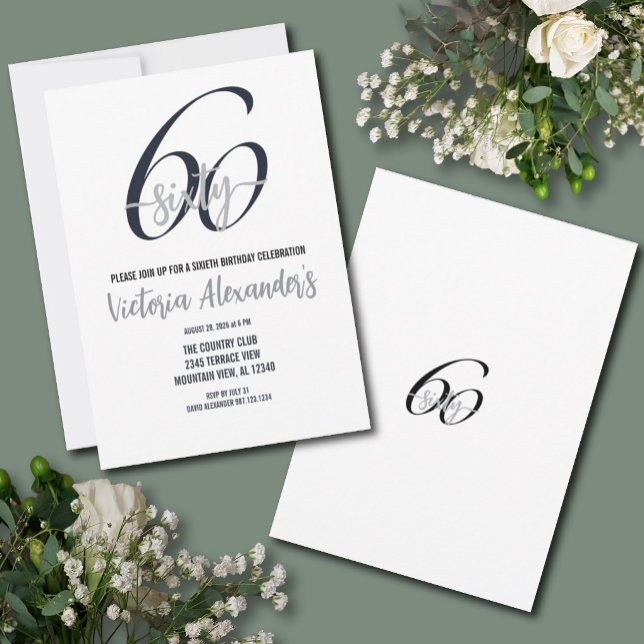 Convites Elegant Black Silver Script 60th Birthday  (Elegant Black Silver 60th Birthday Invitation)