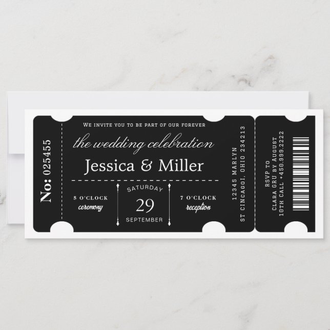 Convites Elegant Black Ticket Wedding Invitation (Frente)