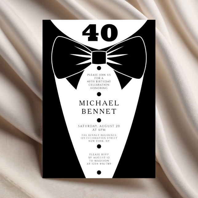 Convites Elegant Black Tuxedo 40th Birthday (Elegant Black Tuxedo 40th Birthday Invitation.
)