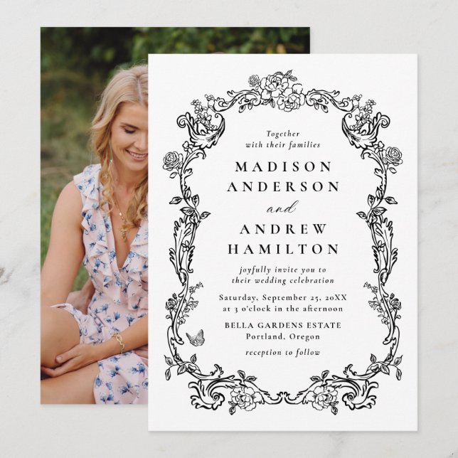 Convites Elegant Black Victorian Floral Photo Wedding (Frente/Verso)