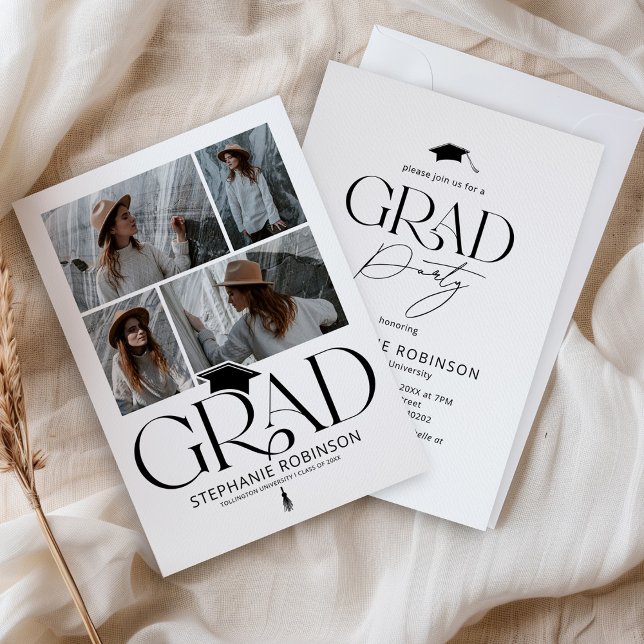 Convites Elegant Black & White 4 Photo Graduation Party (Criador carregado)