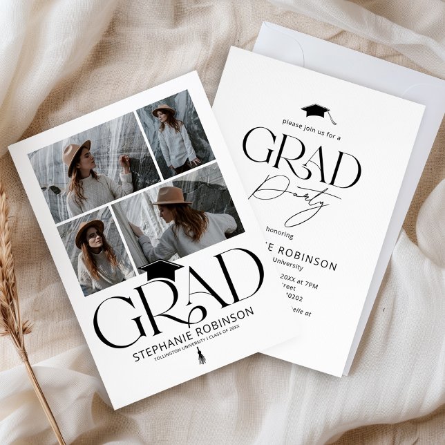 Convites Elegant Black & White 4 Photo Graduation Party (Criador carregado)