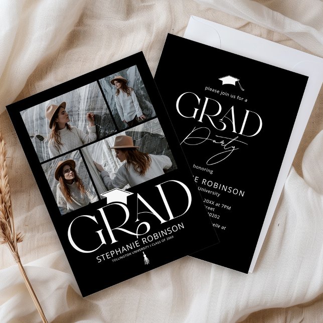 Convites Elegant Black & White 4 Photo Graduation Party (Criador carregado)