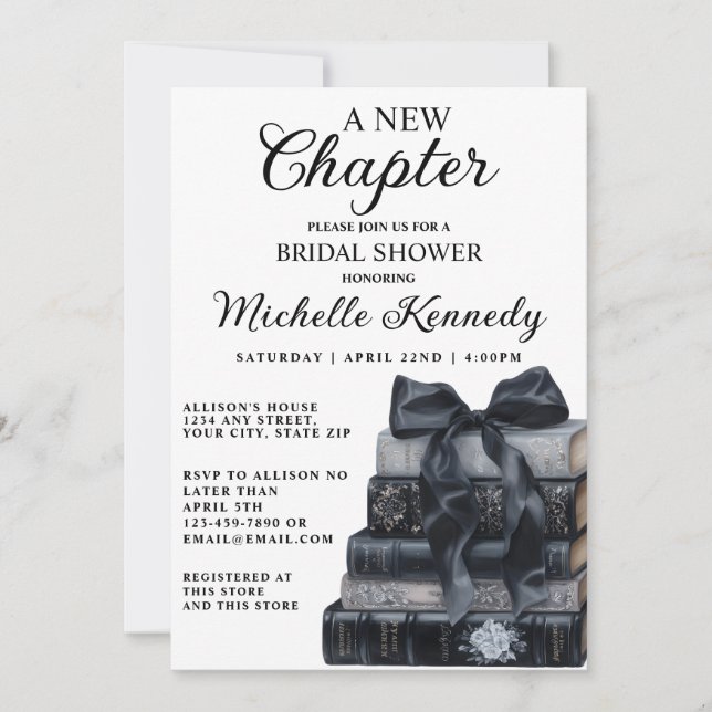 Convites Elegant Black & White A New Chapter Bridal Shower  (Frente)