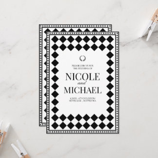 Convites Elegant Black &White Diamond Pattern Wedding