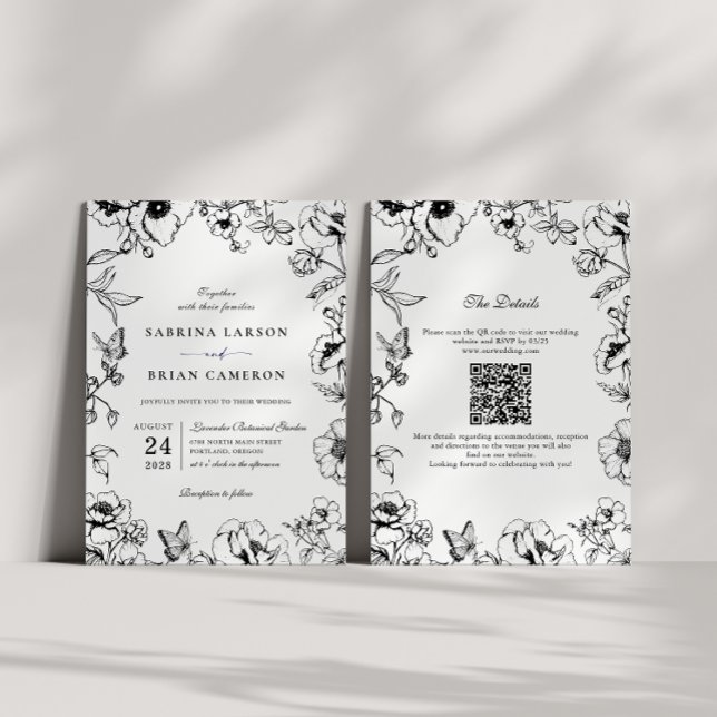 Convites Elegant Black White Floral Garden QR Code Wedding (Criador carregado)