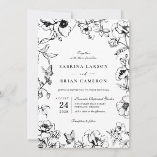 Convites Elegant Black | White Floral Garden Wedding Photo