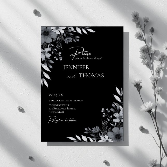 Convites Elegant Black & White Floral Hand-Drawn Wedding (Criador carregado)