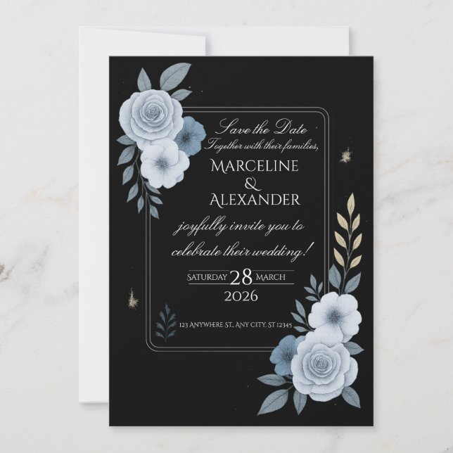 Convites Elegant Black & White Floral Wedding Invitation (Frente)