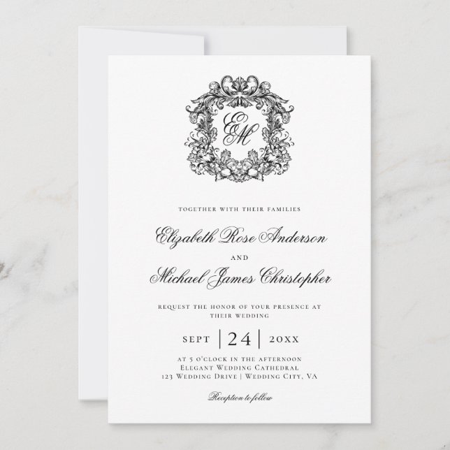 Convites Elegant Black White Monogram Crest Wedding (Frente)
