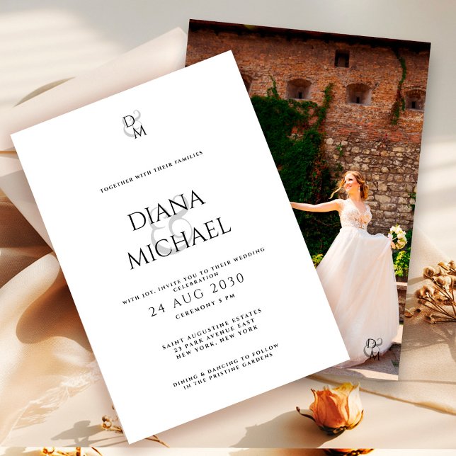 Convites Elegant Black&White Monogram Wedding Photo  (Criador carregado)