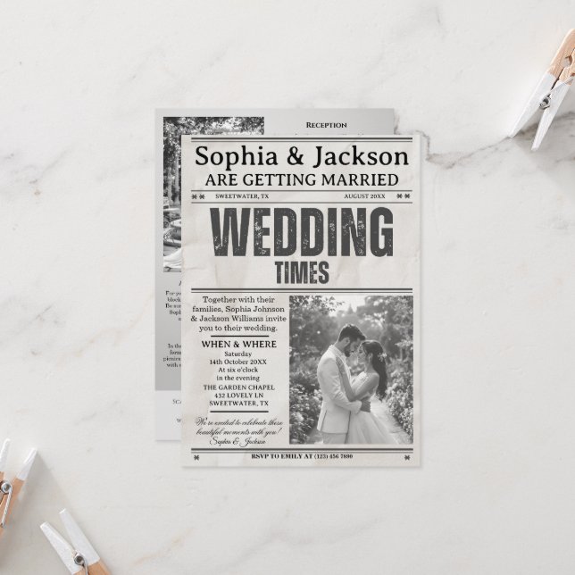 Convites Elegant Black & White Photos Wedding Newspaper     (Frente/Verso In Situ)