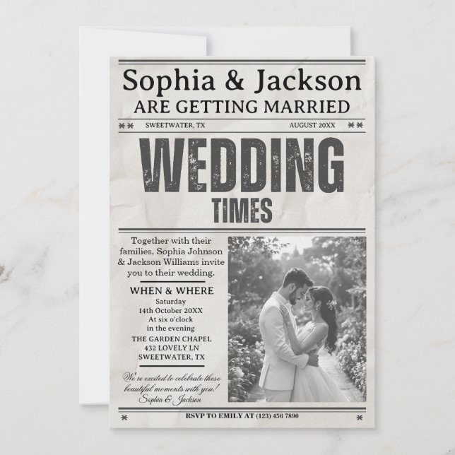 Convites Elegant Black & White Photos Wedding Newspaper     (Frente)