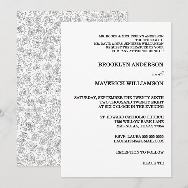 Convites Elegant Black & White Rose Wedding Invitation (Frente/Verso)