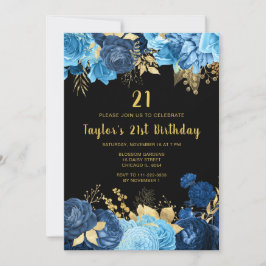 Convites Elegant Blue and Gold Flowers Birthday Party