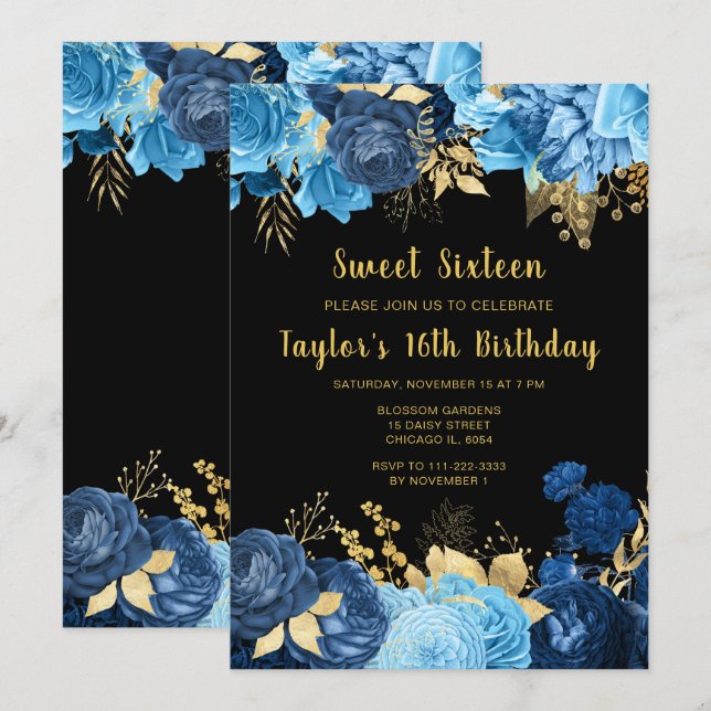 Convites Elegant Blue and Gold Flowers Sweet Sixteen (Frente/Verso)