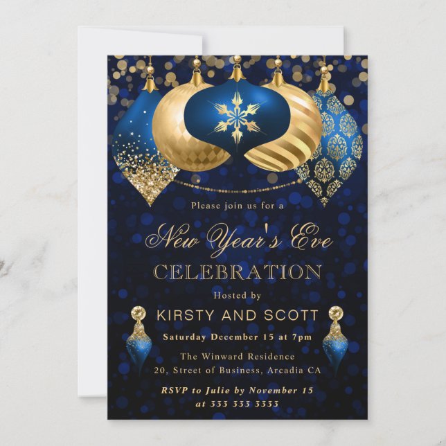 Convites Elegant Blue and Gold New Year’s Eve Party (Frente)