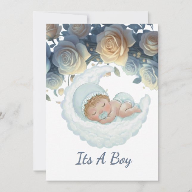 Convites Elegant blue and gold roses baby boy shower (Frente)