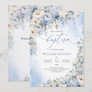 Convites Elegant Blue and Ivory Floral Boy Baptism Christen