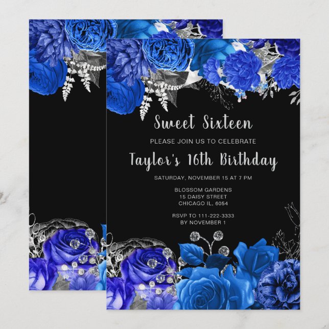 Convites Elegant Blue and Silver Flowers Sweet Sixteen (Frente/Verso)