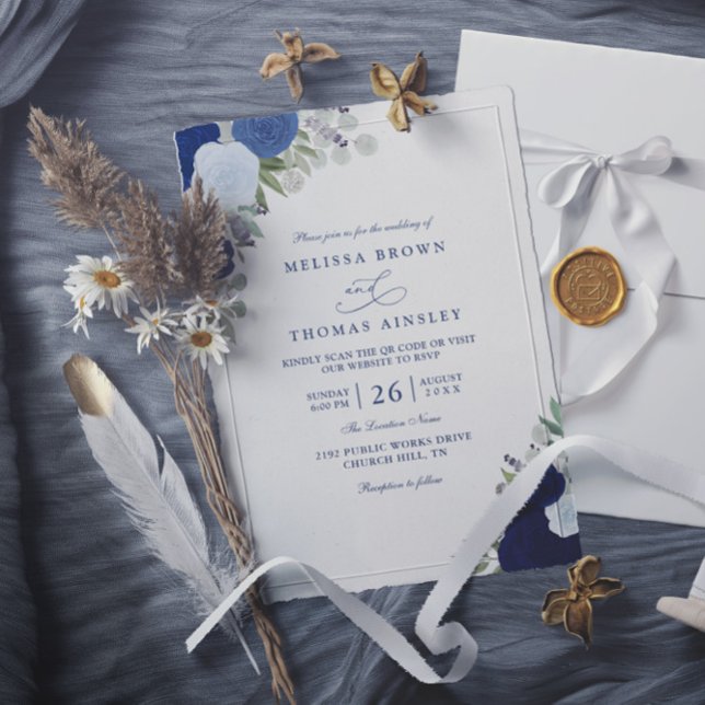 Convites Elegant Blue Boho Roses Modern QR Code Wedding (Criador carregado)