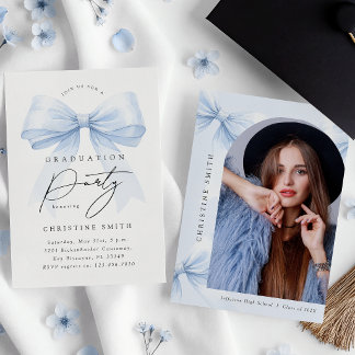Convites Elegant Blue Bow Graduation Photo Invitation