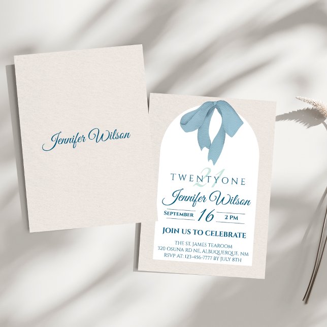 Convites Elegant Blue Bow Twenty-One Birthday (Criador carregado)