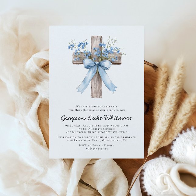 Convites Elegant Blue Bow Wildflowers Baptism (Criador carregado)